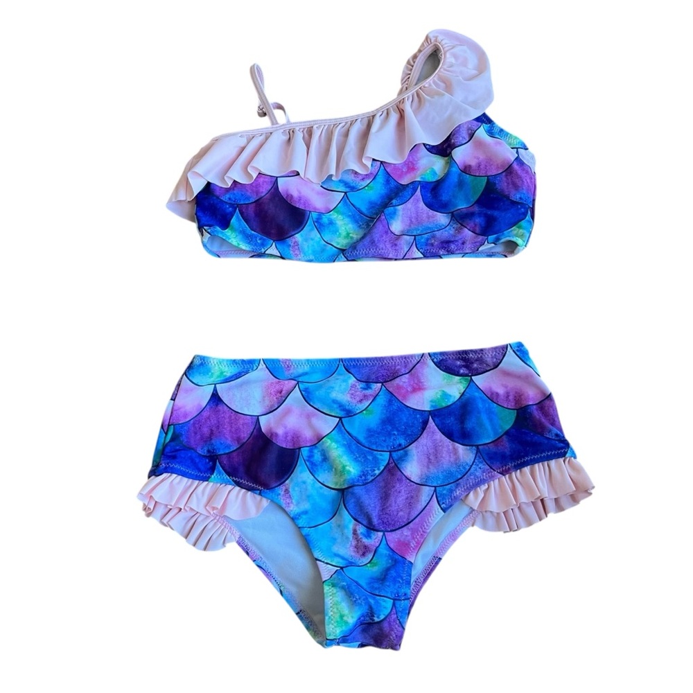 🌼 5/$20  Girls Mermaid Scale Bikini Set One Shoulder Ruffle Swimsuit Size 160